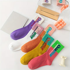 5 Pairs Letter Print Socks Colorblock Crew Socks Women's Stockings