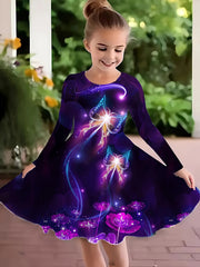 Girls Butterfly in Starry Sky Graphic Long Sleeve Dress