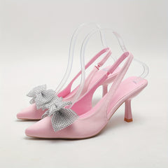 Rhinestone Bow Sandals Pointed Toe Slingback Mid Heels