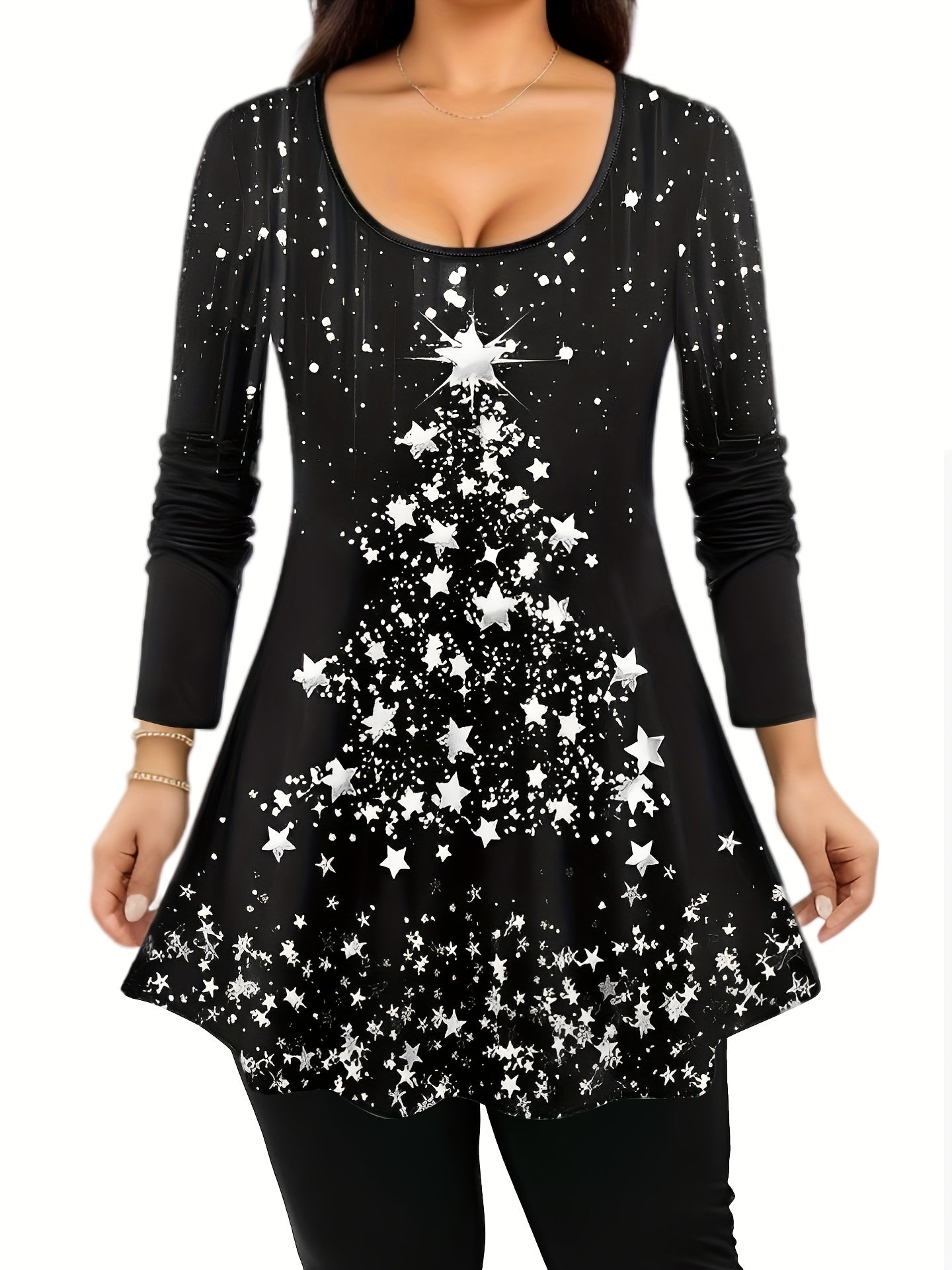 Glitter Christmas Tree & Star Print Tunic Top & Leggings Set