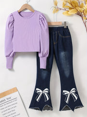 Girl's Denim Outfit 2pcs Top & Flared Jeans Set for Spring Fall