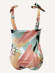 Painting Print One Piece Swimsuit & Wrap Skirt Set