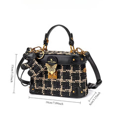 Vintage Plaid Leather Crossbody Bag Women Removable Strap Buckle Closure