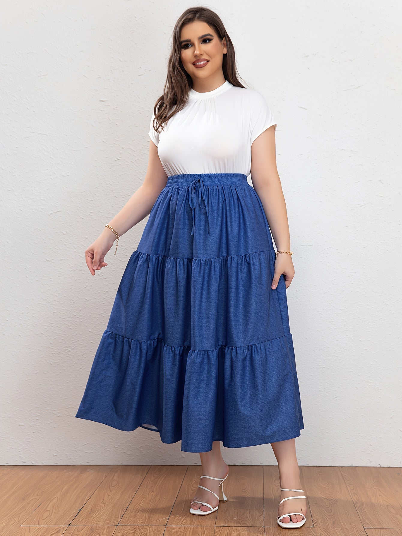 Women's Denim Print Drawstring Smock Skirt
