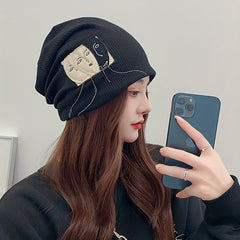 Face Graphic Patch Beanie Solid Elastic Knit Hat Hip Hop Lightweight Skull Hat