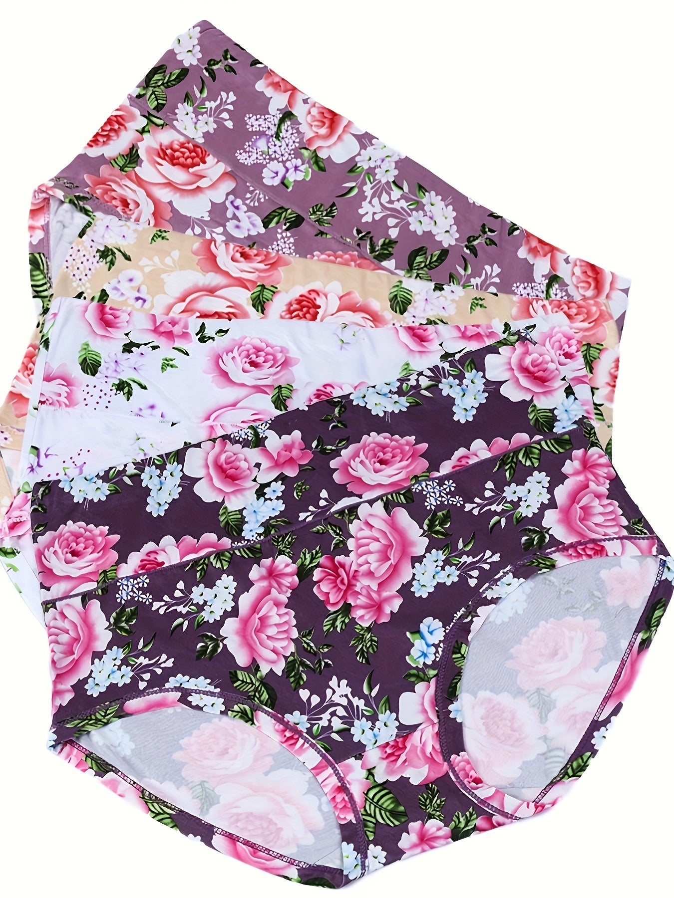 4 Pack Plus Size Panties Set Women's Plus Floral Print Briefs