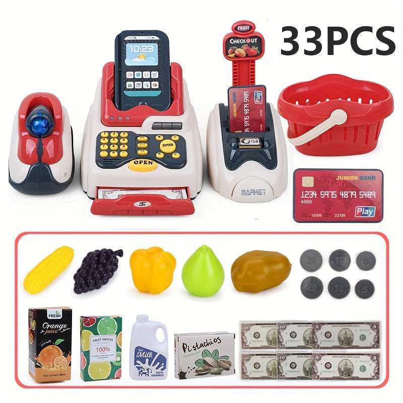 Kids Grocery Store Cash Register Toy Set with Fruit Vending Machine