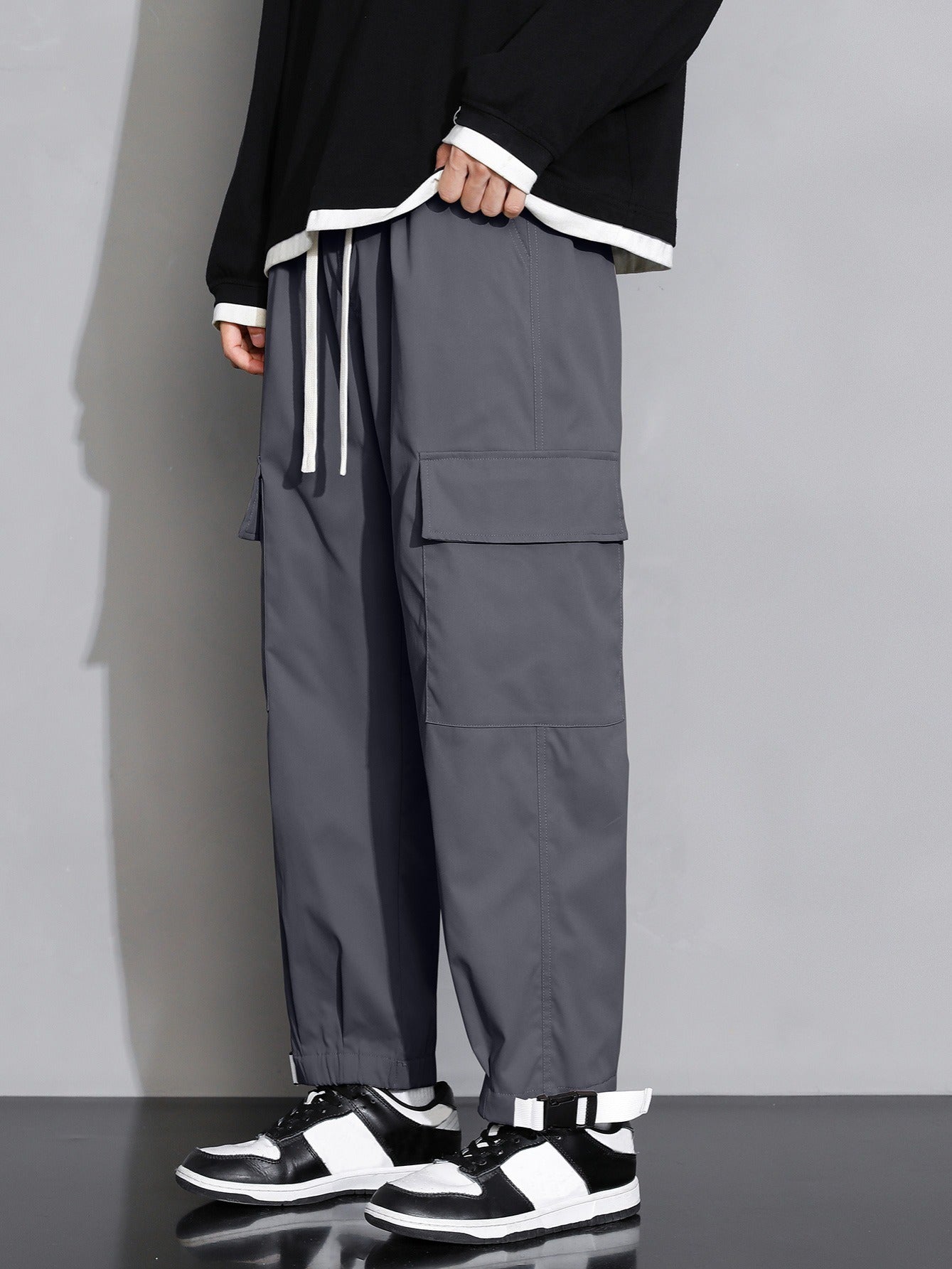 Autumn Winter Grey Cargo Pants With Ankle Straps