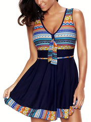 Colorblock Geo Print V Neck Swimsuit