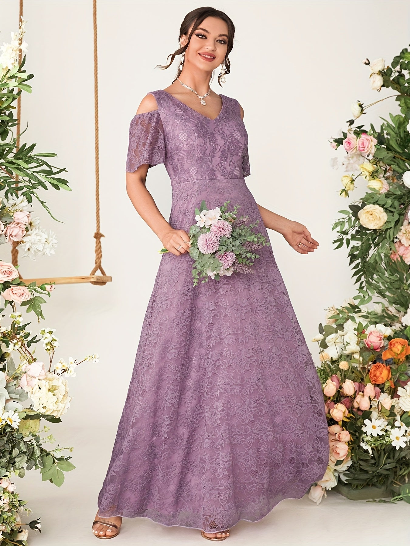 V Neck Lace Bridesmaid Dress for Wedding Party