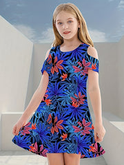 Girls Flower Cold Shoulder Dress Spring Summer Gift