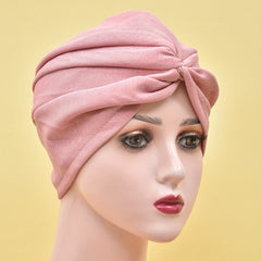 Pleated Turban Cap Solid Head Wrap Elastic Chemo Cap Ramadan Beanie Bonnet