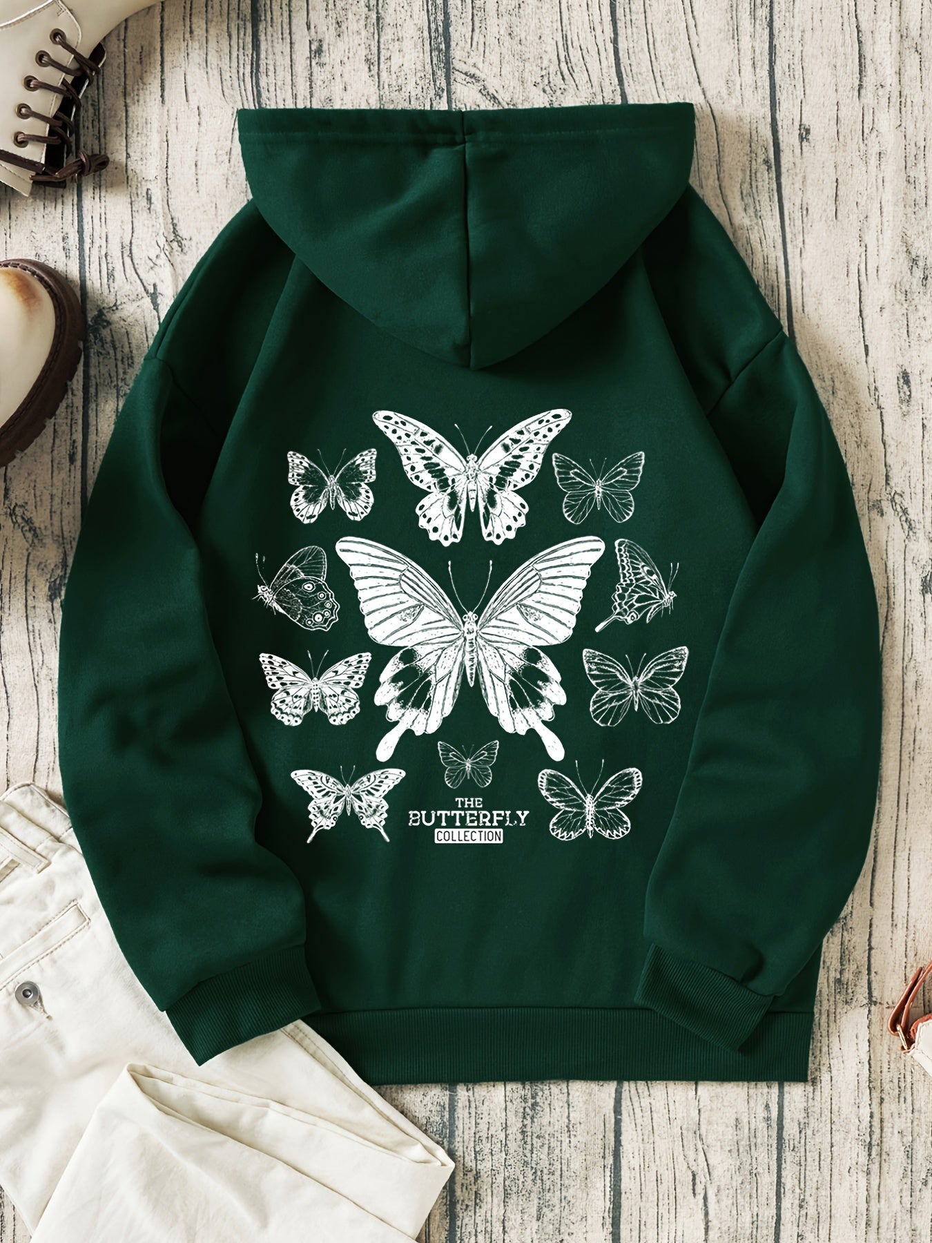 Butterfly & Letter Print Hooded Shirt Solid Drawstring Pullover