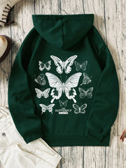 Butterfly & Letter Print Hooded Shirt Solid Drawstring Pullover