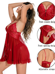 Mesh Slip Nightdress Deep V Split Ruffle Sleep Dress Women's Sleepwear