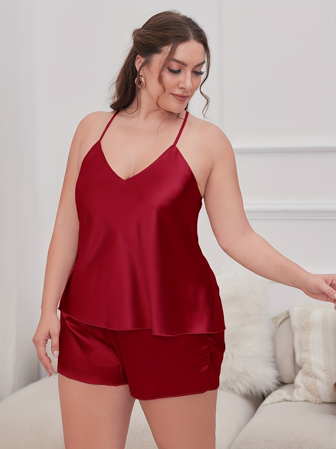 Solid Cami Top & Short Pajamas Set Plus Size Women 2pcs Set