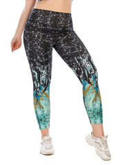 Random Print Yoga Sports Leggings With Pocket Women's Plus Size