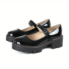 Women's Platform Block Heel Mary Jane Round Toe Buckle Strap Patent Leather Shoe