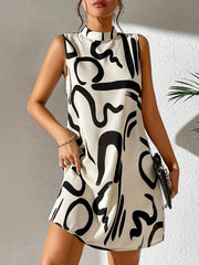 Abstract Print Mock Neck Dress Sleeveless Mini Dress