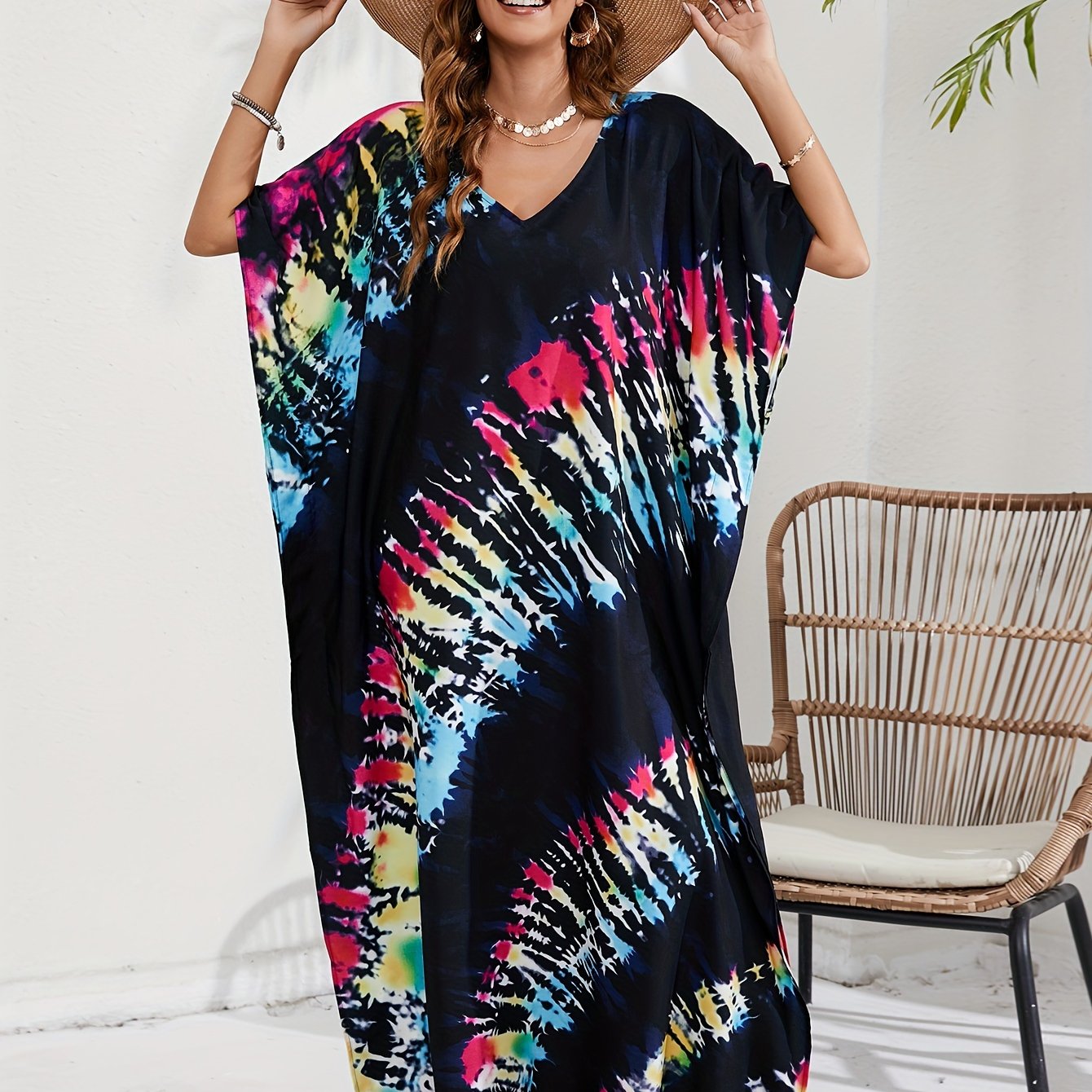 Tie Dye Batwing Sleeve V Neck Maxi Split Cover Up Dress