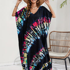 Tie Dye Batwing Sleeve V Neck Maxi Split Cover Up Dress