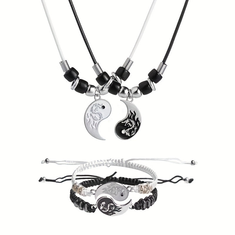 2Pcs Yin Yang Couple Bracelets Necklace Set Adjustable Braid Chain