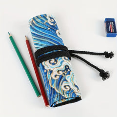 Cotton Linen Printed Pencil Case with Multiple Holes and Large Capacity