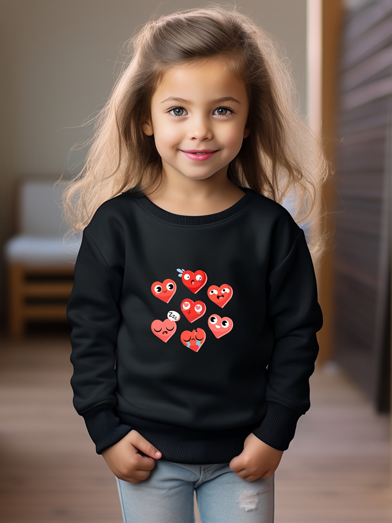 Hearts Print Girls Casual Pullover Sweatshirt Long Sleeve Crew Neck Tops