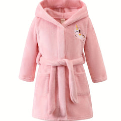 Girl's Unicorn Embroidered Hooded Flannel Bathrobe PJ