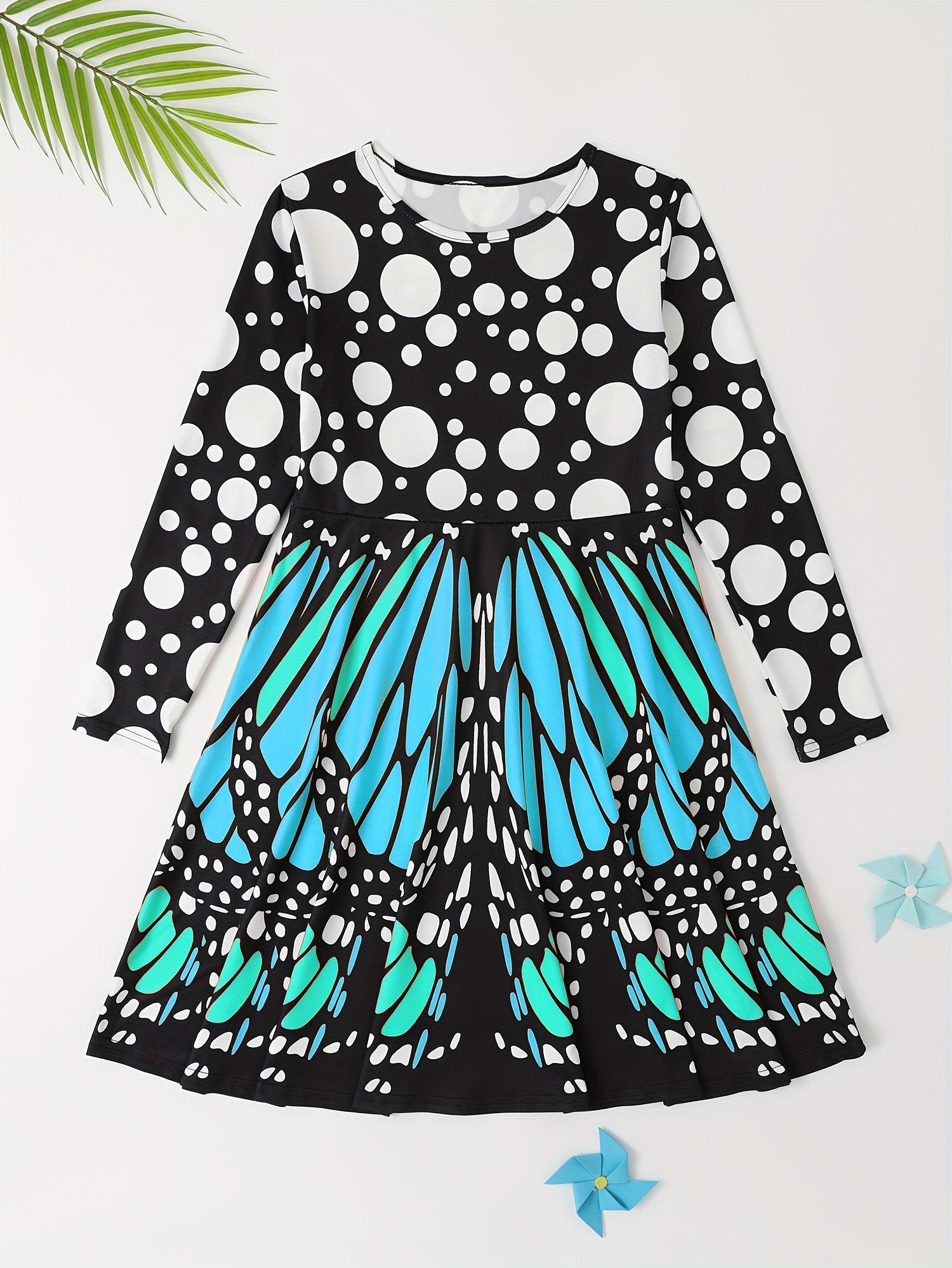 3D Butterfly Print Crew Neck Long Sleeve Dress Girls