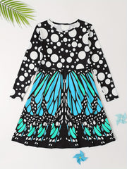 3D Butterfly Print Crew Neck Long Sleeve Dress Girls