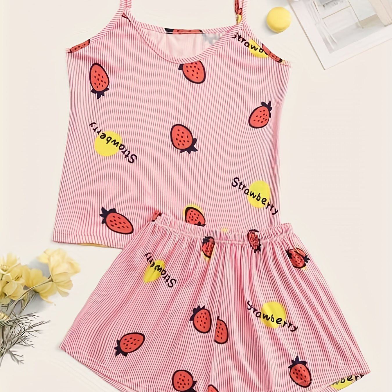 Strawberry & Stripe Print Pajama Set