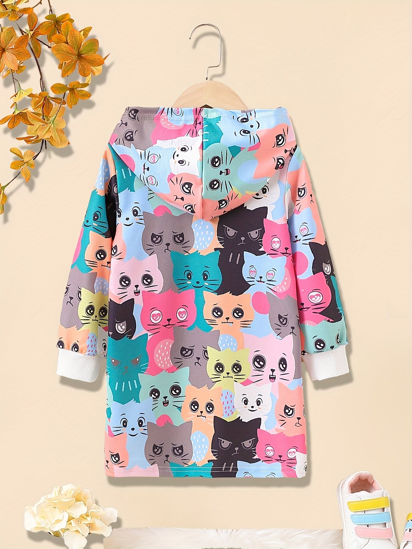 Girls' Kitty Print Casual Hooded Sweatshirt Kids' Hoodie Pullover Coat