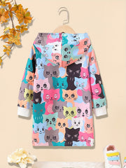 Girls' Kitty Print Casual Hooded Sweatshirt Kids' Hoodie Pullover Coat