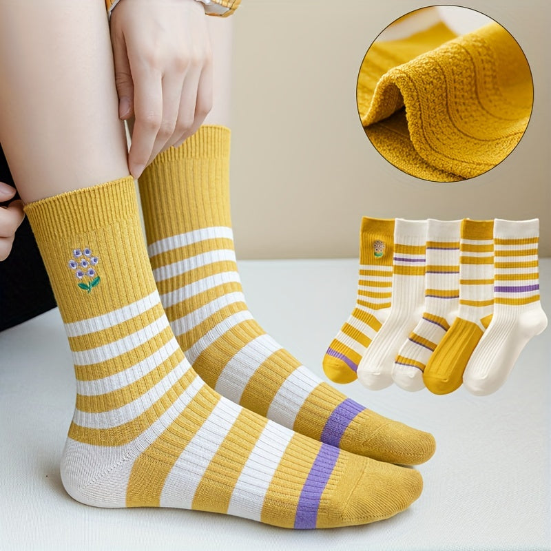 5 Pairs Striped Crew Socks Women's Comfy Breathable Mid Tube Stockings