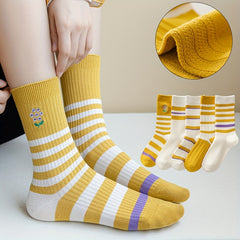 5 Pairs Striped Crew Socks Women's Comfy Breathable Mid Tube Stockings