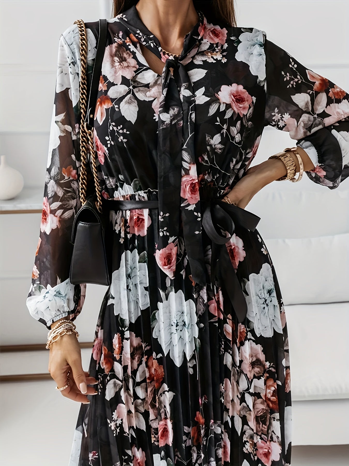 Floral Print Pleated Dress Tie Neck Long Sleeve Women's Clothing