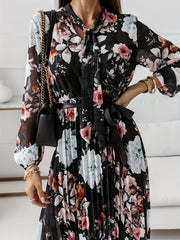 Floral Print Pleated Dress Tie Neck Long Sleeve Women's Clothing