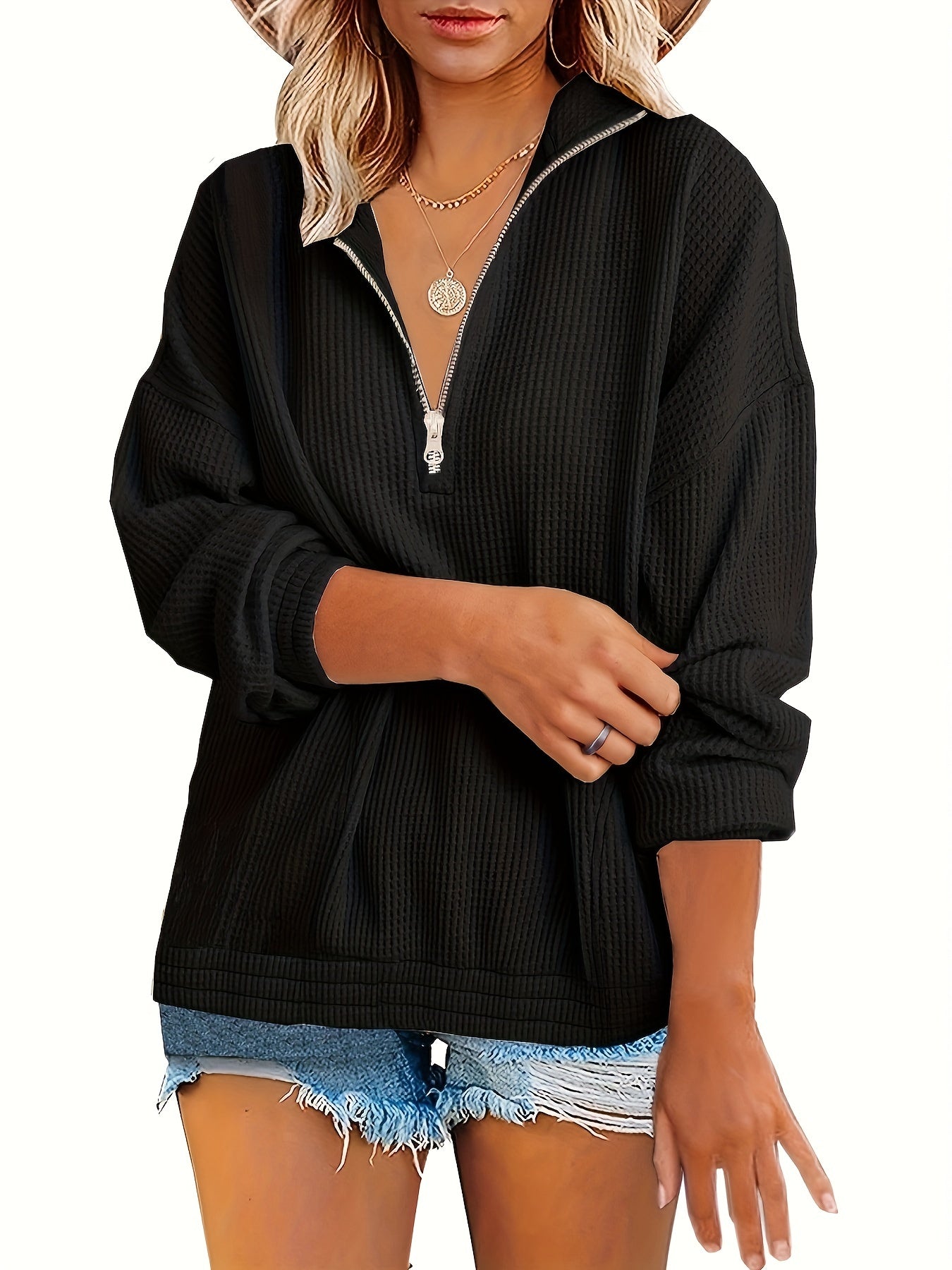 Waffle Zip Front Sweatshirt Casual Long Sleeve Sweatshirt For Spring & Fall