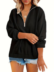 Waffle Zip Front Sweatshirt Casual Long Sleeve Sweatshirt For Spring & Fall