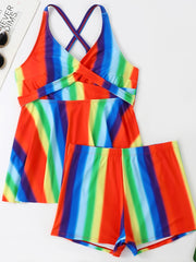 Rainbow Strip Layered Top & Panties Swimsuit Set