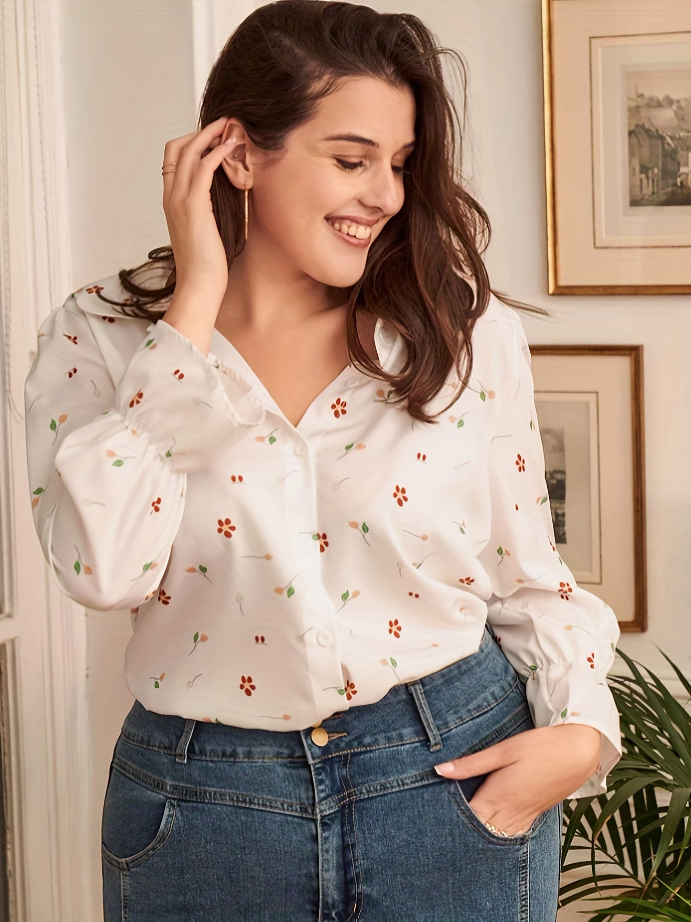 Floral Print Flounce Sleeve Button Up Plus Size Blouse