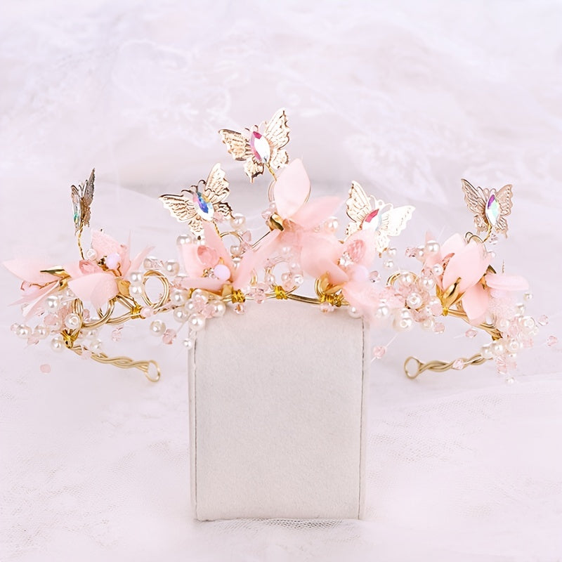 Golden Crystal Faux Pearl Butterfly Crown Tiara Headband for Bride