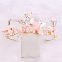 Golden Crystal Faux Pearl Butterfly Crown Tiara Headband for Bride