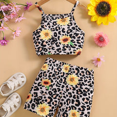 Girls Sunflower & Leopard Graphic Camisole Shorts Set for Party Beach