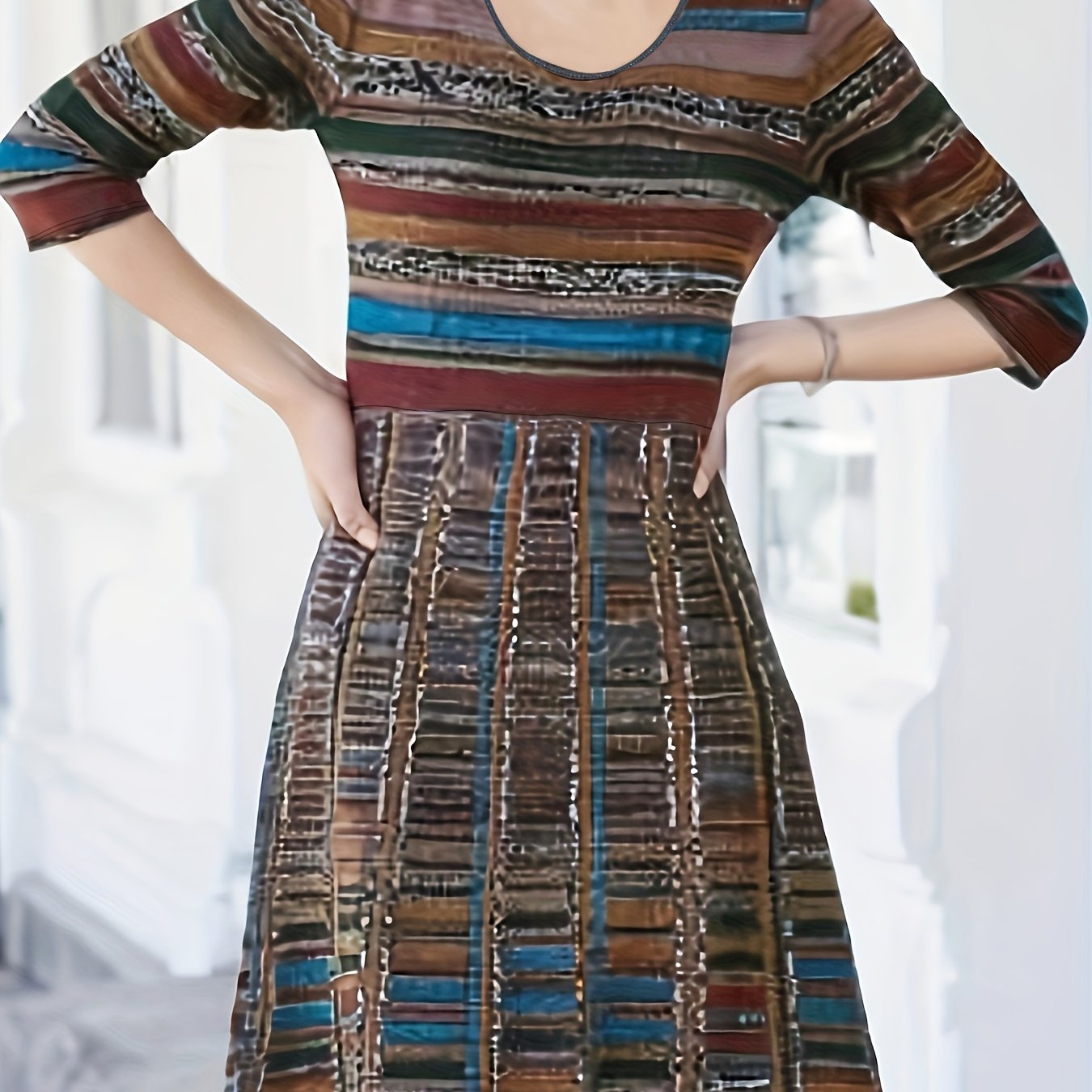 Plus Size Stripe Print Long Sleeve Round Neck High Stretch Dress