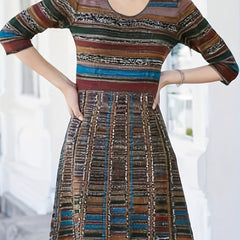 Plus Size Stripe Print Long Sleeve Round Neck High Stretch Dress