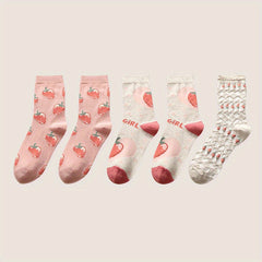 5pairs Girls Kids Strawberry Pattern Thin Lace Breathable Comfy Socks