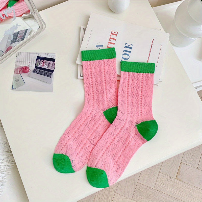 Argyle Pattern Socks Colorblock Crew Socks Women's Stockings
