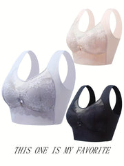 3pcs Lace Wireless Bras Comfy & Full Coverage Women's Lingerie
